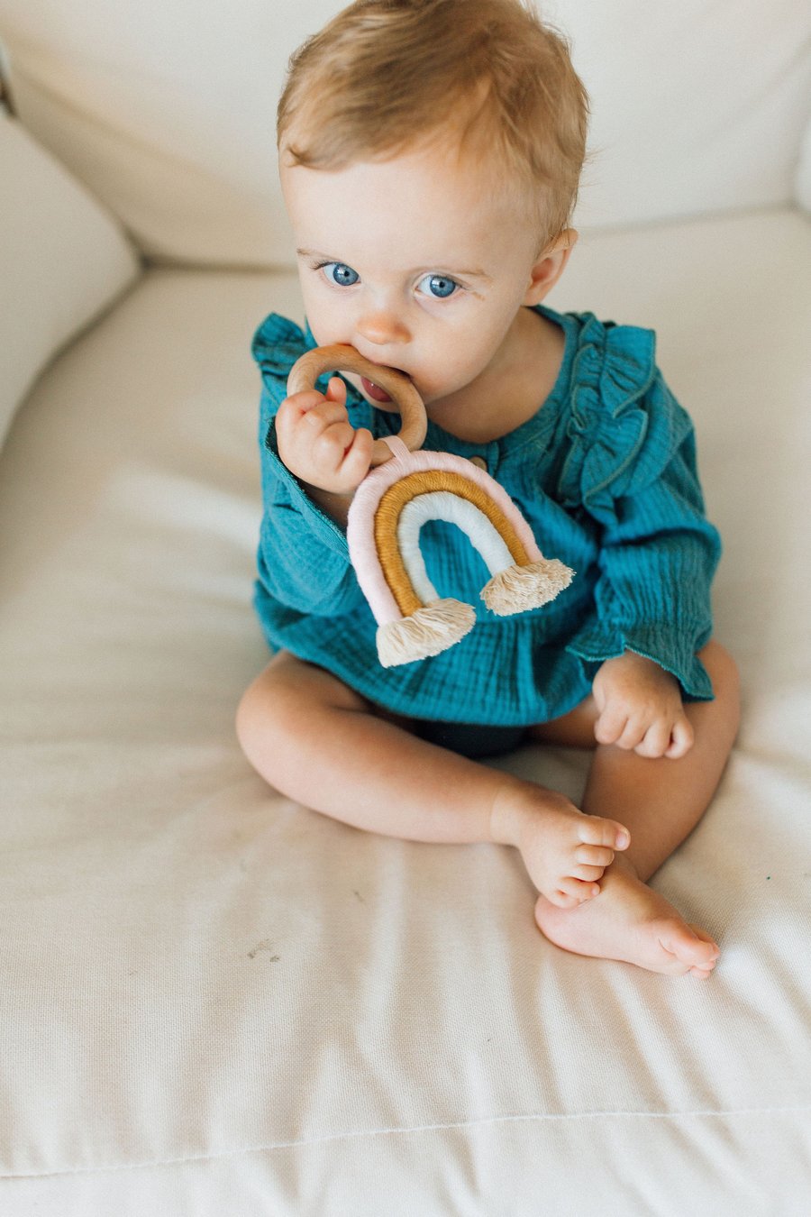 Rainbow Macrame Teether- Light Pink + Light Blue